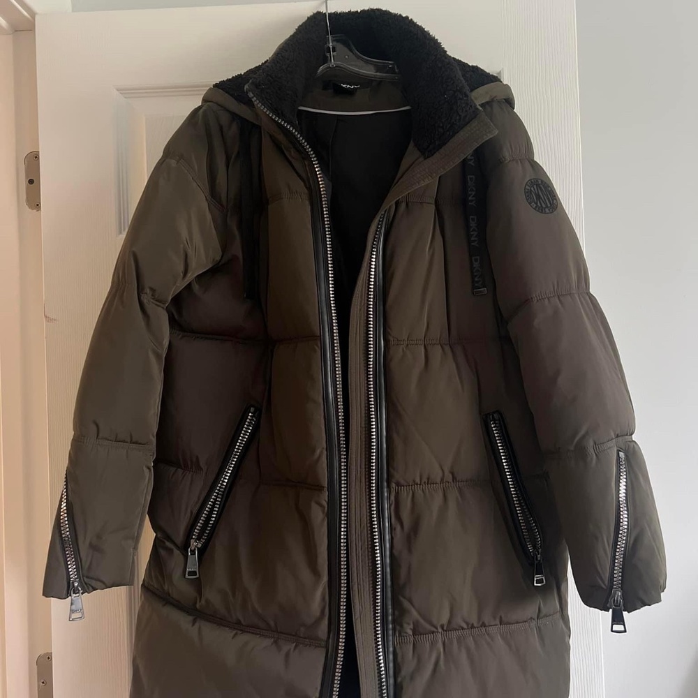 DKNY olive green parka with sherpa lining